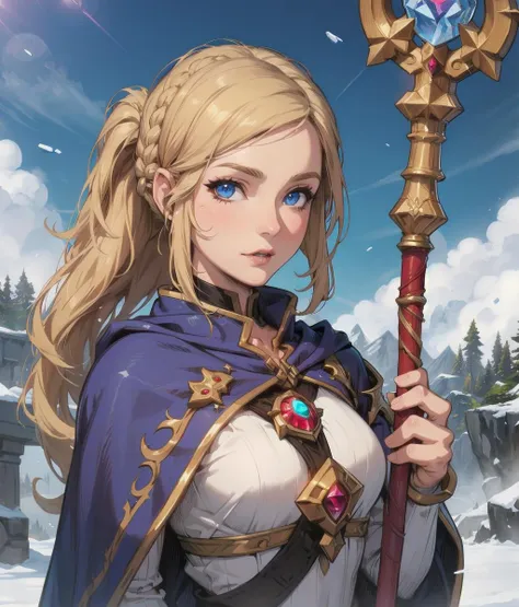 best_quality,Raw,illustration,official art,detailed linear hatching\(texture\),(muted color,partially colored:0.8),recolored,flat color,sunny,(female,warcraft,jaina proudmoore,braided ponytail,holding staff,ice magic,upper body ),