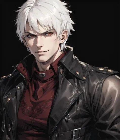 best_quality,Raw,illustration,official art,detailed linear hatching\(texture\),(muted color,partially colored:0.8),recolored,flat color,sunny,(male,dante \(devil may cry\),handsome,trench coat,upper body ),