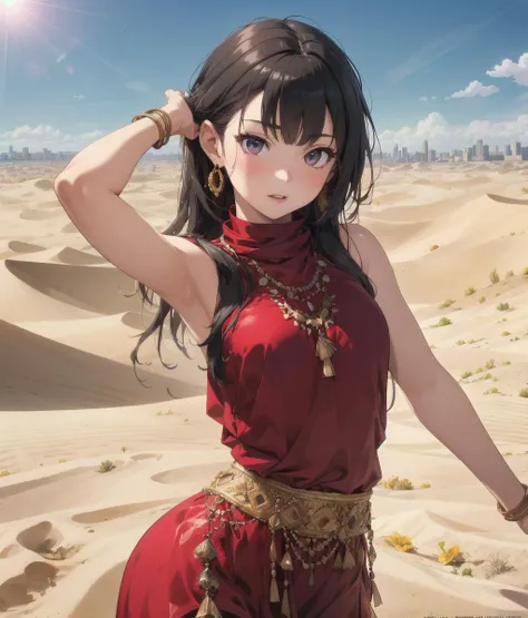 best_quality,Raw,illustration,official art,(muted color,partially colored:0.8),detailed linear hatching\(texture\),recolored,flat color,sunny,(1girl,27yo,arabian clothes,dancer,city in desert,upper body ),