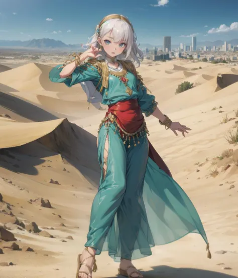 best_quality,Raw,illustration,official art,(muted color,partially colored:0.8),detailed linear hatching\(texture\),recolored,flat color,sunny,(1girl,27yo,arabian clothes,dancer,city in desert ),