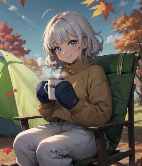 best quality,absurdres,turtle neck sweater,puffy turtle neck sweater,sitting in camping chair,looking at viewer,smile,outdoors,nature,tent,evening,evening glow,autumn,autumn leaves,cup,hot chocolate,steam,silver hair,ahoge,blunt bangs,puffy hair,short hair,messy hair,short,blue eyes,baggy pants,(mittens:1.2),