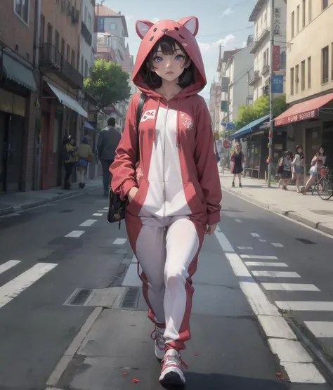 masterpiece,best quality,absurdres,girl,kigurumi,walking on street,flowers on road,