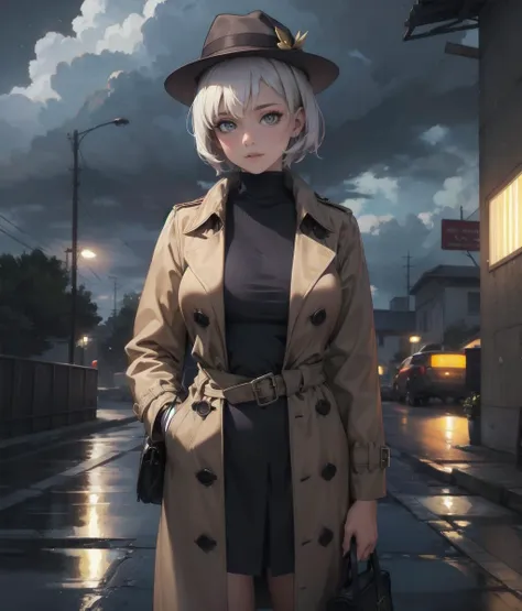 masterpiece,best quality,absurdres,mature female,detective,white short hair,mature,hat,trench coat,solo,night,cloudy sky,