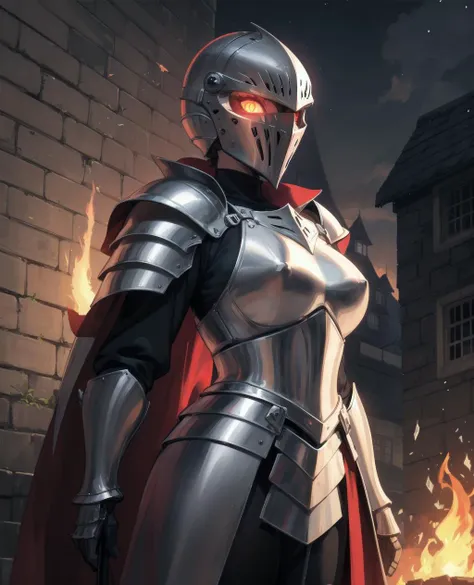 masterpiece,best quality,absurdres,girl,28yo,knight,medieval_armor,city_wall,helmet,glowing eyes with fire,night