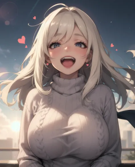 a girl, cosy sweater on, upper body, (huge Laughing:1.1), (open mouth:1.1), (wide open eyes:1.2), sun glare, bokeh, depth of field, blurry background, light particles, strong wind, (heart particles:1.1)