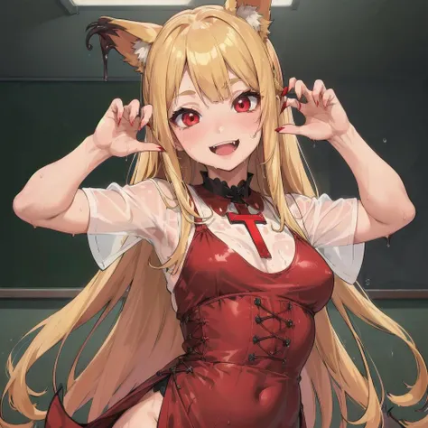 masterpiece,sincos,(,partially colored),flat color,
(1girl,golden hair,red eyes,fang out,cross-laced dress,see through,sweat,smile,wet,lovely,claw pose, classroom),