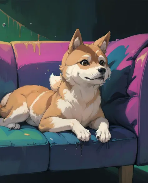 doge meme,shiba inu on couch,1animal,solo,dramatic,minimalist,psychedelic colors,expressionism,oil painting,splash art,colorful,digital illustration,<lora:doge:0.4>,