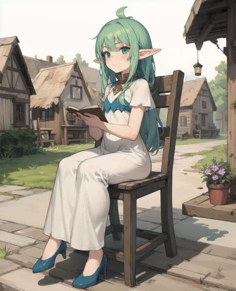 hand_drawn,liner hatching \(texture\),flat color,recolored,an elf girl sitting on a wooden chair in the village