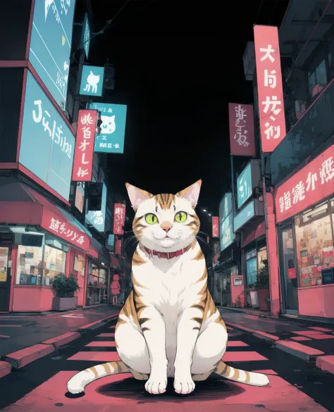 hand_drawn,liner hatching \(texture\),flat color,recolored,a cat in neon city street