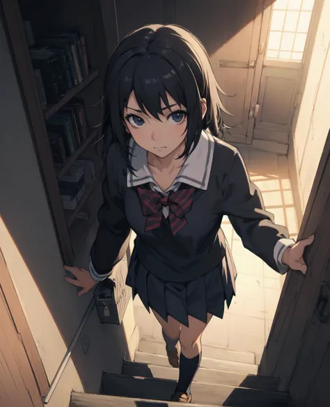 by krenz by Makoto Shinkai 1girl,school uniform looking at viewer,bangs walking ono stairs,perspective sunlight,beautiful,aesthetic,detailed,beautiful color amazing quality,best quality,high quality,