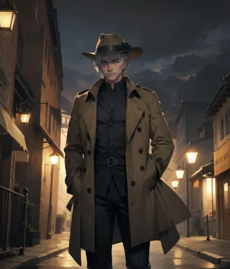 masterpiece,best quality,absurdres,mature male,detective,white short hair,hat,trench coat,solo,night,cloudy sky,