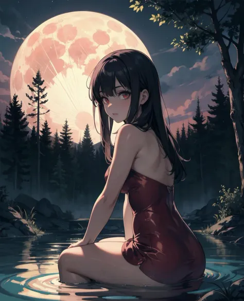 masterpiece,best quality,1girl, sitting in a red pool of water at night with a full moon in the background and a creepy forest