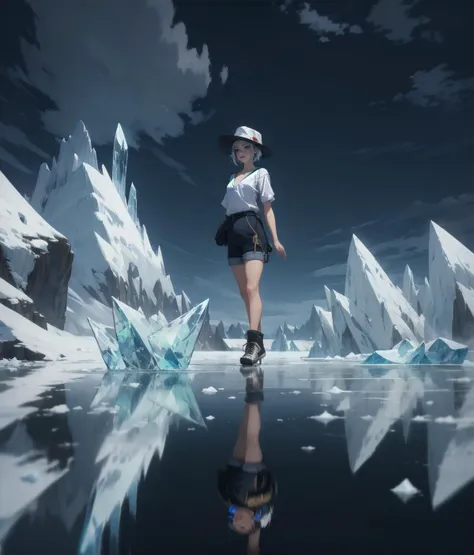 masterpiece,best quality,absurdres,mature female,solo,white short hair,mature,flat chest,hat,night,cloudy sky,ice,reflection on ice,