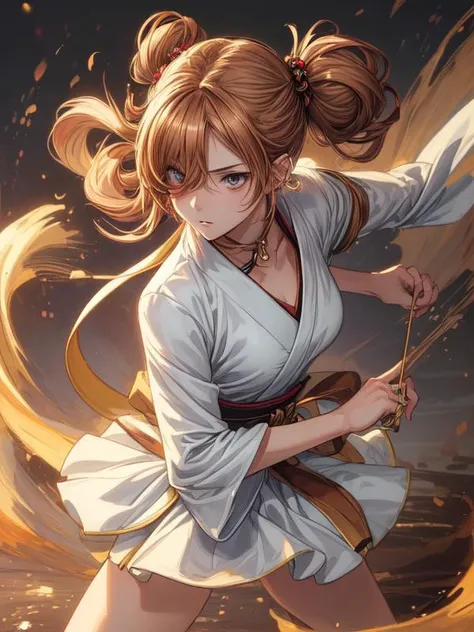 (masterpiece, illustration, best quality:1.33),delicate details,refined rendering,Sharp_focus,vivid_color,(Japan anime style, Toon style, Manga style:1.21),1girl,27-years-old female,slim female,solo,portrait,<lora:add_detail:1>,((([LED lighting|High key lighting|Soft illuminaotion|Specular lighting]))),(Hateful,fighting stance:1.236),((Chestnut Hair,hair rings,updo,hair over one eye)),