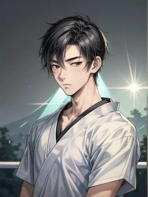 (masterpiece, illustration, best quality:1.33),delicate details,refined rendering,Sharp_focus,vivid_color,(Japan anime style, Toon style, Manga style:1.21),1boy,27-years-old male,tall,thin,slim Asian male,contemporary,(((black eyes,solid eyes))),solo,portrait,((([Vertical lighting|Lens flare|Crepuscular Ray|Ring light]))),(Sleepy,Wrestling:1.236),<lora:add_detail:1>,