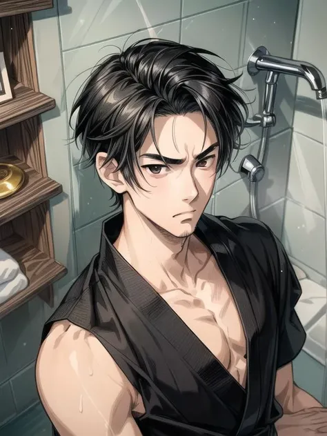 (masterpiece, illustration, best quality:1.33),delicate details,refined rendering,Sharp_focus,vivid_color,(Japan anime style, Toon style, Manga style:1.21),1boy,27-years-old male,tall,thin,slim Asian male,(((black eyes,solid eyes))),stubble,solo,portrait,((([Shelf lighting|Kino Flo lighting|volumetric lighting|Specular highlight lighting]))),(Frown,Showering:1.236),<lora:add_detail:1>,