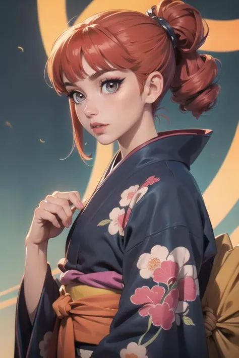 ((masterpiece)),(illustration),best quality,delicate details,refined rendering,Anime style,((Guido Daniele)),comic,((Japan Anime style)),((Menga style)),(((Toon style))),close-up view,1girl,kimono,((solo)),beautiful face,real skin texture,well-proportioned hands,standing,eyeliner,eyelashes,lipstick,eyeshadow,make up,nail polish,blunt bangs,punk head,twin drills,Happy Halloween,Facing Away,