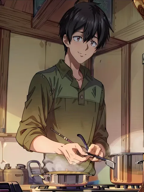 (masterpiece:1.21),(illustration:1.1),best quality,delicate details,refined rendering,Anime style,anime cgi,extremely detailed CG unity 8k wallpaper,1boy,Mukohda,adult,185cm slim male,tall,thin,solo,portrait,<lora:Mukohda_V2:0.9>,cooking,Naughty Face,happy ,<lora:add_detail:1>