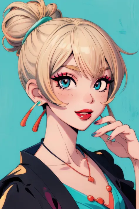 (masterpiece:1.21),(illustration:1.1),best quality,delicate details,refined rendering,(Menga style:1.21),(Toon style:1.33),8k,toon style,(Japan anime:1.21),1girl,solo girl,solo,black eyes,aqua eyes,beautiful hand,random color nail polish,lips,random color lipstick,eyeliner,eyelashes,eye shadow,makeup,playful expressions,Stylish Pose,portrait,soft lighting,front light,volumetric lighting,Ash blonde Hair,earrings,necklace,
hair bun,asymmetrical Haircut,swept bangs,topknot,<lora:add_detail:1>,Teasing Smile