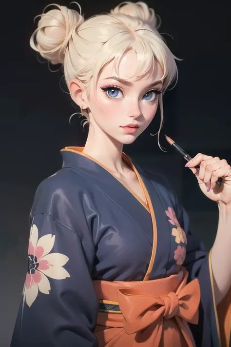((masterpiece)),(illustration),best quality,delicate details,refined rendering,Anime style,((Guido Daniele)),comic,((Japan Anime style)),((Menga style)),(((Toon style))),close-up view,1girl,kimono,((solo)),beautiful face,real skin texture,well-proportioned hands,standing,eyeliner,eyelashes,lipstick,eyeshadow,make up,nail polish,asymmetrical bangs,hair bun,asymmetrical hair,Happy Halloween,Eyeball,