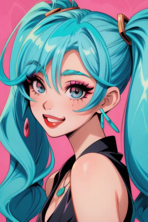 (masterpiece:1.21),(illustration:1.1),best quality,delicate details,refined rendering,(Menga style:1.21),(Toon style:1.33),8k,toon style,(Japan anime:1.21),1girl,solo girl,solo,black eyes,aqua eyes,beautiful hand,random color nail polish,lips,random color lipstick,eyeliner,eyelashes,eye shadow,makeup,playful expressions,Stylish Pose,portrait,soft lighting,front light,volumetric lighting,Turquoise Hair,earrings,necklace,
drill hair,slicked Back hair,hair over eyes,short twintails,<lora:add_detail:1>,Grin
