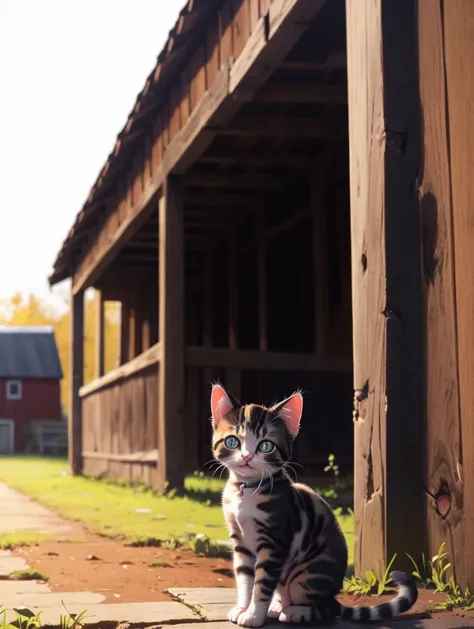 A ((Extreme Wide Shot of 1kitten)), look at the camera, barn as background