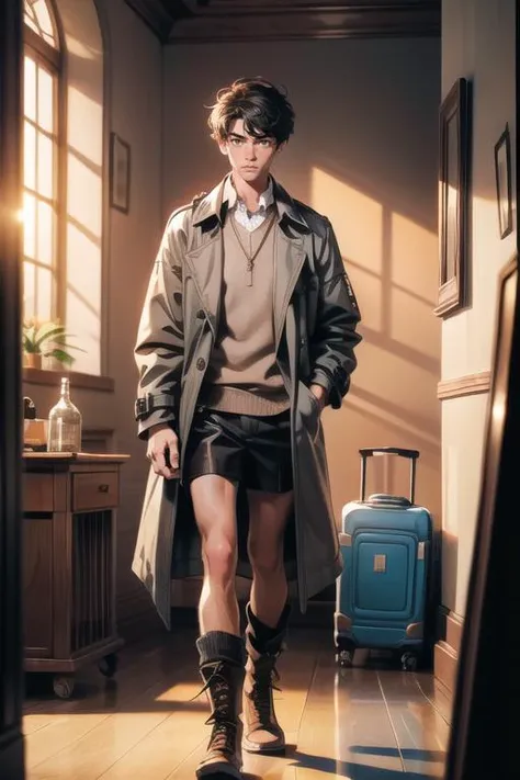 ((masterpiece)),((bestquality)),8k,high detailed,ultra-detailed,depth of field,extremely detailed CG unreal 8k,Anime style,Guido Daniele,<lora:add_detail:0.65>,
1boy,adult male,Slim body,handsome face,well-proportioned hands,Real Skin Texture,<lora:muscle_slider_v1:-0.257>,<lora:weight_slider_v2:-0.267>,
(portrait:1.15),[Color wash lighting|Ring light|Crepuscular Ray|Rembrandt lighting|Shelf lighting],([Hands_On_Hips|outstretched arms|Posing|Cuddling|Sewing|Imagining|Standing|Wading|Walking]),(Trench coat,Skorts,Knit sweater,Boots,Travel backpack),Messy Haircut,[Seductive Smile|Parted Lips],