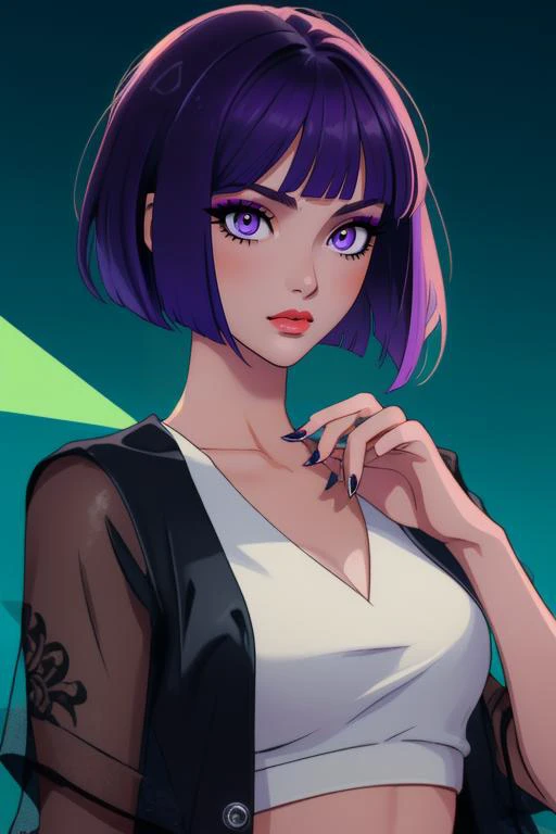 master piece, best quality, portrait, office, female boss MILF, mature, purple hair with white streaks, round optical lenses