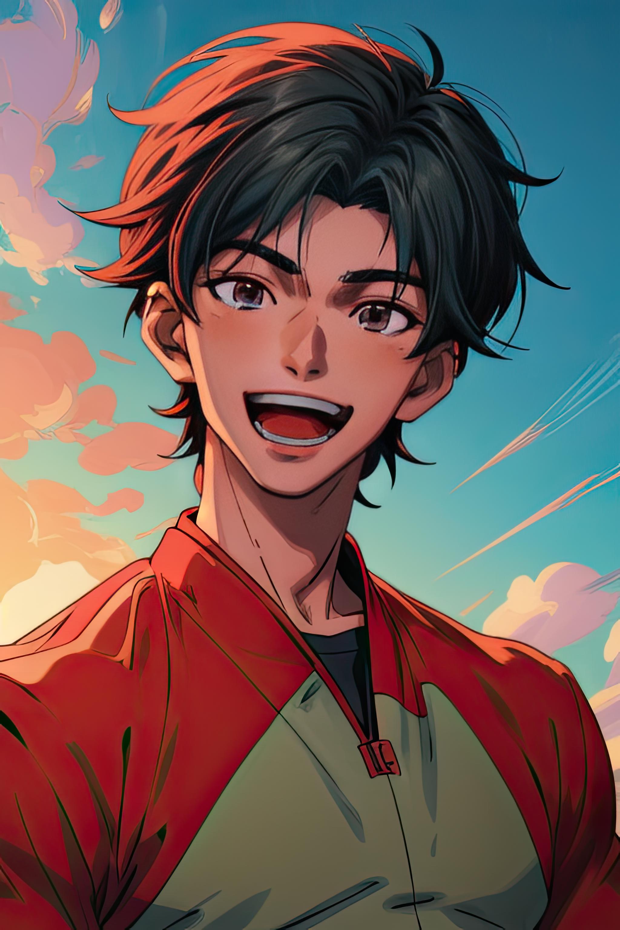 A cartoon image of a man with a red jacket and black hair - SeaArt AI