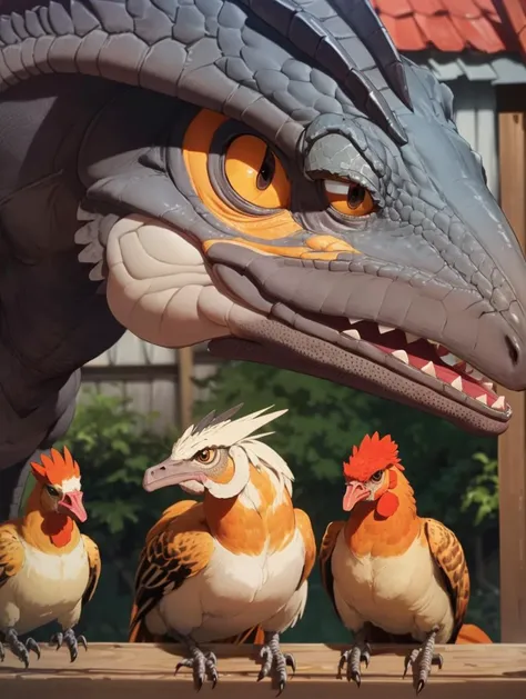 ((Close Up of Therizinosaurs)) , ((look away from the camera)), chicken coop as background