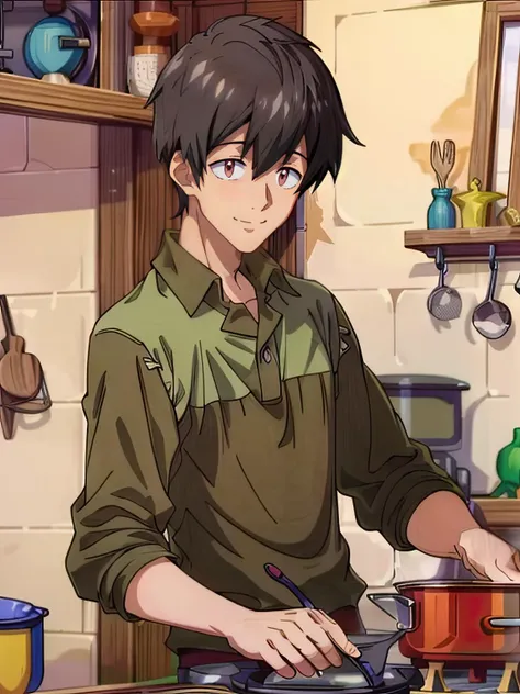 (masterpiece:1.21),(illustration:1.1),best quality,delicate details,refined rendering,Anime style,anime cgi,extremely detailed CG unity 8k wallpaper,1boy,Mukohda,adult,185cm slim male,tall,thin,solo,portrait,<lora:Mukohda_V2:0.9>,cooking,Crazy Smile,happy ,<lora:add_detail:1>