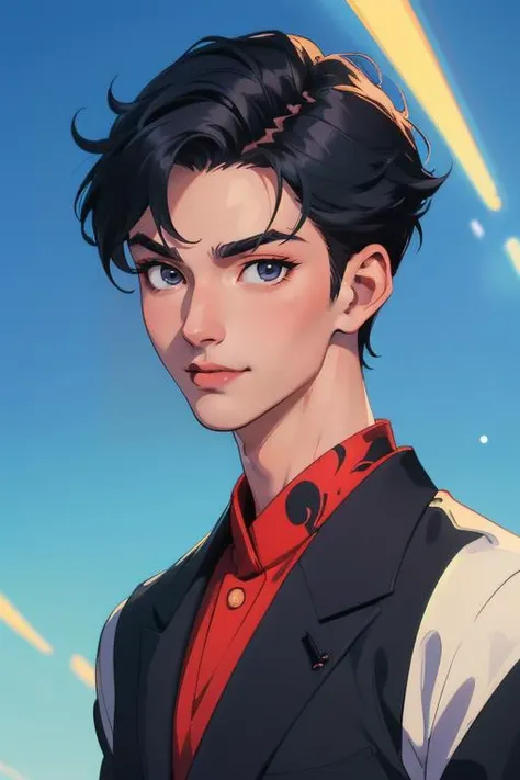 ((masterpiece)),(illustration),best quality,delicate details,refined rendering,((Menga style)),(((Toon style))),(portrait:1.41),8k,toon style,((Japan anime)),1boy,male focus,solo,handsome,portrait,thick eyebrows,black eyes,solid eyes,model,tall,thin,slim asian boy,(Fashion Menswear:1.35),(Fashion Men's Model Walking Show:1.35),Evil Smile,Tapered Haircut,global illuminations,shadow