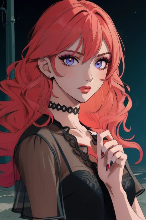 ((masterpiece)),(illustration),best quality,delicate details,refined rendering,Anime style,extremely detailed CG unity 8k wallpaper,toon style,((Guido Daniele)),hard lighting,shadow,on the street,(portrait:1.35),
1girl,(solo:1.4),slim,thin,adult,model,well-proportioned hands,eyeliner,eyelashes,eyeshadow,makeup,random_color_nail_polish,(Fashionable Dressing:1.35),(Fashionable catwalk poses:1.35),Bright coral Hair,curly hair,hair between eyes,layered Hair,global illuminations,shadow,glowing nails,Happy