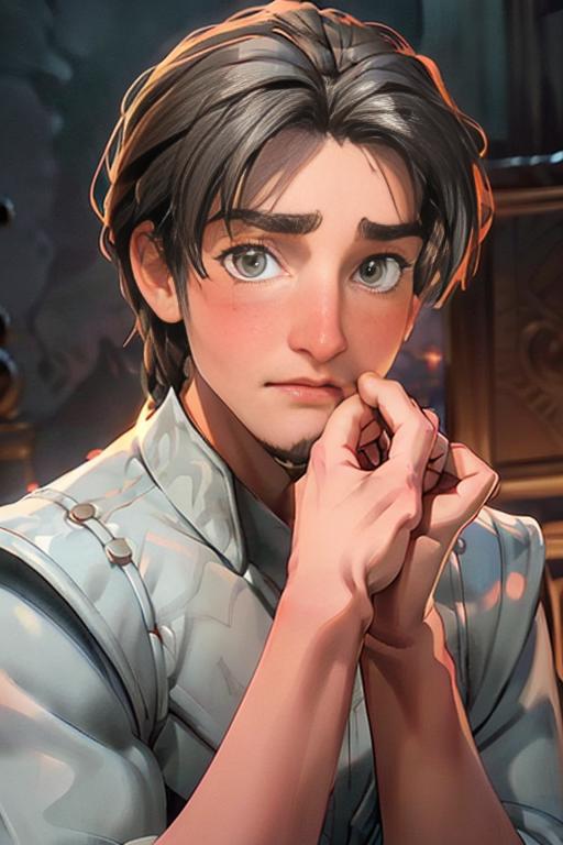 A man with long hair and a blue shirt is looking at something - SeaArt AI