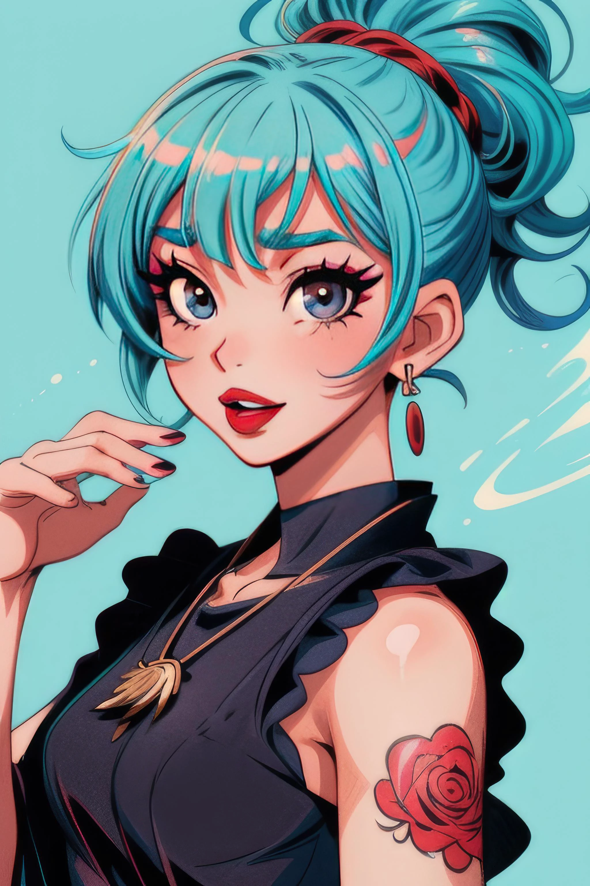 (masterpiece:1.21),(illustration:1.1),best quality,delicate details,refined rendering,(Menga style:1.21),(Toon style:1.33),8k,toon style,(Japan anime:1.21),1girl,solo girl,solo,black eyes,aqua eyes,beautiful hand,random color nail polish,lips,random color lipstick,eyeliner,eyelashes,eye shadow,makeup,playful expressions,Stylish Pose,portrait,soft lighting,front light,volumetric lighting,Metallic rose Hair,earrings,necklace,
topknot,undercut with Tattoos,sidelocks,short hair,<lora:add_detail:1>,Happy Tears
