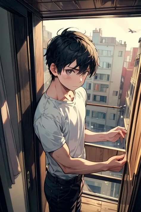 ((((masterpiece,best quality,ultra-detailed)))),1boy,solo,slim Asian boy,portrait,<lora:add_detail:0.8>,top-down view,Looking To The Side,worm's eye view,Drawing,Frown,in container,indoors,Bounce lighting,