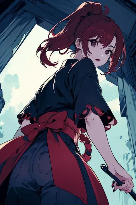 (((masterpiece,best quality,ultra-detailed))),(Japan Anime style, illustration:1.36),bishoujo,1girl,solo,(((Highly-detailed eyes,black eyes,black Iris))),(eyeliner,eyelashes,eyeshadow,lips,random_color_lipstick,random_color_nail_polish,makeup),((Deep red Hair,high ponytail,high-angle view,Looking Back,from below,Low contrast lighting,Presenting,holding_whip,Scared,)),<lora:BlackScleraSlider_v1:1>,
