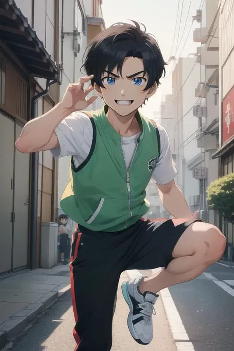 ((masterpiece)),(illustration),best quality,delicate details,refined rendering,((Menga style)),(((Toon style))),8k,toon style,((Japan anime)),1boy,male focus,solo,handsome,Cool expressions,Stylish Pose,portrait,soft lighting,front light,volumetric lighting,
Athletic vest,Casual pants,Sneakers,Undercut Haircut,Crazy Smile,street,