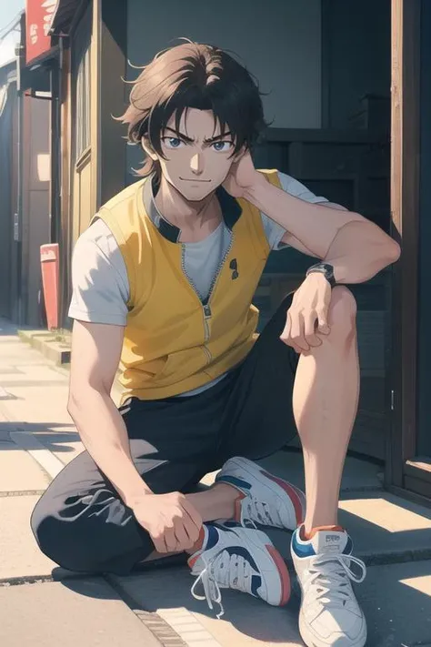 ((masterpiece)),(illustration),best quality,delicate details,refined rendering,((Menga style)),(((Toon style))),8k,toon style,((Japan anime)),1boy,male focus,solo,handsome,Cool expressions,Stylish Pose,portrait,soft lighting,front light,volumetric lighting,
Athletic vest,Casual pants,Sneakers,Bro Flow,Evil Smile,street,