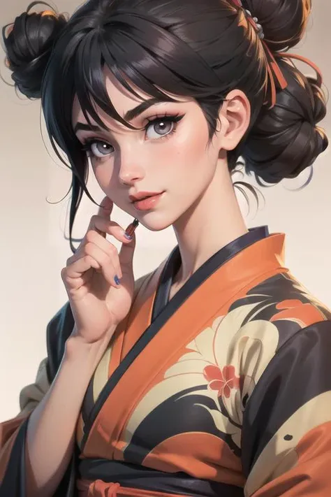 ((masterpiece)),(illustration),best quality,delicate details,refined rendering,Anime style,((Guido Daniele)),comic,((Japan Anime style)),((Menga style)),(((Toon style))),close-up view,1girl,kimono,((solo)),beautiful face,real skin texture,well-proportioned hands,standing,eyeliner,eyelashes,lipstick,eyeshadow,make up,nail polish,hair between eyes,messy hair,half updo,Seductive Smile,Looking At Another,