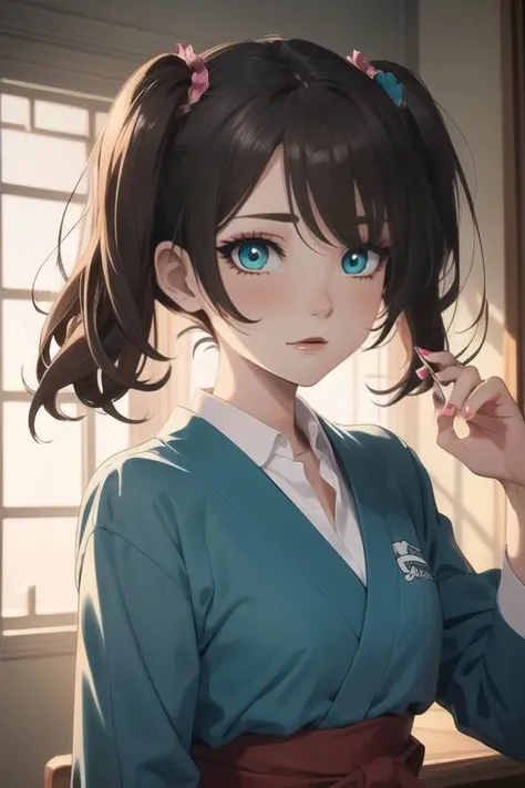 ((masterpiece)),(illustration),best quality,delicate details,refined rendering,((Menga style)),(((Toon style))),8k,toon style,((Japan anime)),1girl,solo,cute expressions,Stylish Pose,portrait,soft lighting,front light,volumetric lighting,black eyes,aqua eyes,eyeliner,eyelashes,eyeshadow,lips,random_color_lipstick,random_color_nail_polish,makeup,one side up,hair over eyes,slicked Back hair,Chocolate brown Hair,school uniform,