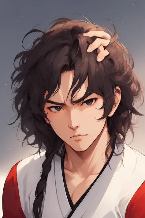 (masterpiece, best quality, ultra-detailed:1.33),(Japan anime style, Toon style:1.231),1boy,solo,Slim Asian boy,27-years-old male,handsome detailed face,solid eyes,black eyes,(Cool Hairstyles For Men With Wavy Hair, traditional japanese -style fusion of modern style clothing:1.25),([Color wash lighting|Tilt lighting|Rembrandt Lighting|Lens flare|Task lighting]:1.1),(Annoyed:1.21),