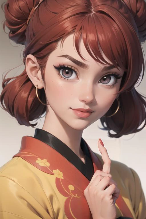 ((masterpiece)),(illustration),best quality,delicate details,refined rendering,Anime style,((Guido Daniele)),comic,((Japan Anime style)),((Menga style)),(((Toon style))),close-up view,1girl,kimono,((solo)),beautiful face,real skin texture,well-proportioned hands,standing,eyeliner,eyelashes,lipstick,eyeshadow,make up,nail polish,parted bangs,hair bun,ringlets,Teasing Smile,looking at another,