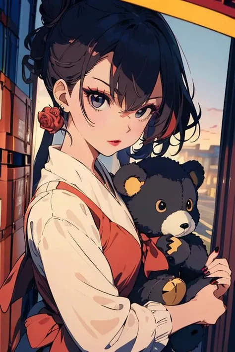 (((masterpiece,best quality,ultra-detailed))),(Japan Anime style, illustration:1.36),bishoujo,1girl,solo,(((Highly-detailed eyes,black eyes,black Iris))),(eyeliner,eyelashes,eyeshadow,lips,random_color_lipstick,random_color_nail_polish,makeup),((Rose gold Hair,updo,birdâs-eye view,Facing Away,establishing shot,Three-point lighting,in container,holding_stuffed_animal,Serious,)),<lora:BlackScleraSlider_v1:1>,