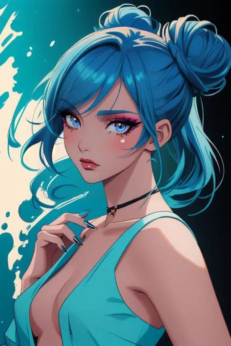 ((masterpiece)),(illustration),best quality,delicate details,refined rendering,Anime style,extremely detailed CG unity 8k wallpaper,toon style,((Guido Daniele)),hard lighting,shadow,on the street,(portrait:1.35),
1girl,(solo:1.4),slim,thin,adult,model,well-proportioned hands,eyeliner,eyelashes,eyeshadow,makeup,random_color_nail_polish,(Fashionable Dressing:1.35),(Fashionable catwalk poses:1.35),Tropical blue Hair,half updo,hair over eyes,double bun,global illuminations,shadow,glowing nails,Happy Tears