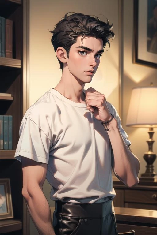 ((masterpiece)),((bestquality)),8k,high detailed,ultra-detailed,depth of field,extremely detailed CG unreal 8k,Anime style,Guido Daniele,<lora:add_detail:0.65>,
1boy,adult male,Slim body,handsome face,well-proportioned hands,Real Skin Texture,<lora:muscle_slider_v1:-0.257>,<lora:weight_slider_v2:-0.267>,
(portrait:1.15),[Fresco lighting|Mood lighting|hard lighting|Low key lighting|Glare-free lighting],([holding food|arms behind back|Posing|Dreaming|lip biting|Flashing|Smelling|Unzipping|Wrestling]),(T-shirt,Harem pants,Leather pants,Moccasins,Clutch),Slicked Back Haircut,[Smirk|No Mouth],