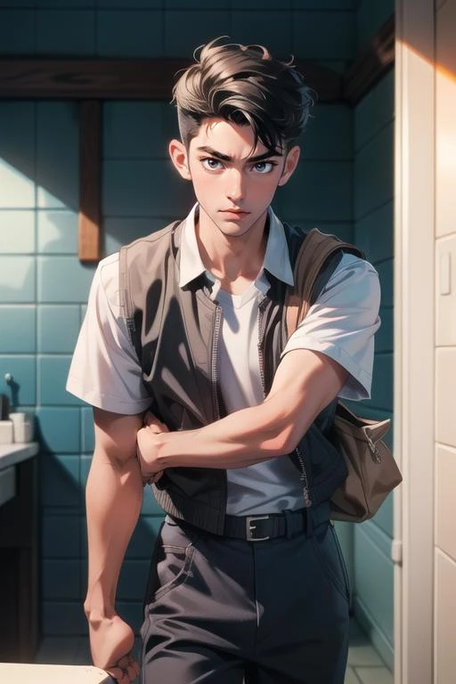 ((masterpiece)),((bestquality)),8k,high detailed,ultra-detailed,depth of field,extremely detailed CG unreal 8k,Anime style,Guido Daniele,<lora:add_detail:0.65>,
1boy,adult male,Slim body,handsome face,well-proportioned hands,Real Skin Texture,<lora:muscle_slider_v1:-0.257>,<lora:weight_slider_v2:-0.267>,
(portrait:1.15),[Wall wash lighting|Snoot lighting|mood lighting|Par lighting|Energy-efficient lighting],([Carrying|reaching out|Posing|Chasing|pole dancing|flying kick|standing on liquid|toilet use|Whispering]),(Short-sleeve dress shirt,Straight-leg pants,Athletic vest,Envelope bag,Chelsea boots),Buzz Cut Haircut,[Seductive Smile|Mouth Hold],