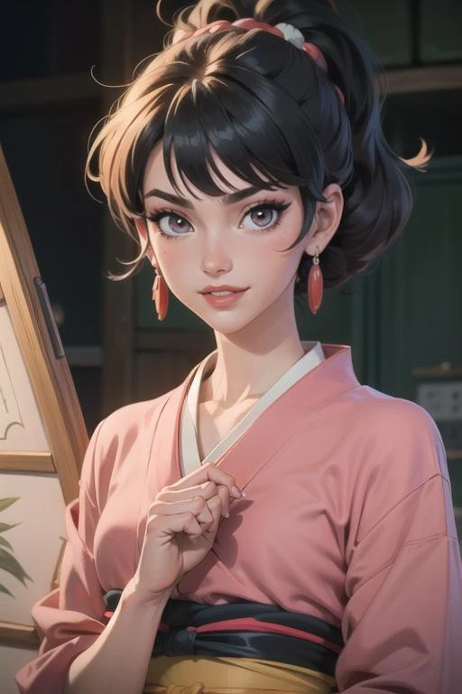 ((masterpiece)),(illustration),best quality,delicate details,refined rendering,Anime style,((Guido Daniele)),comic,((Japan Anime style)),((Menga style)),(((Toon style))),close-up view,1girl,kimono,((solo)),beautiful face,real skin texture,well-proportioned hands,standing,eyeliner,eyelashes,lipstick,eyeshadow,make up,nail polish,asymmetrical bangs,floating hair,messy hair,Grin,Looking At Screen,