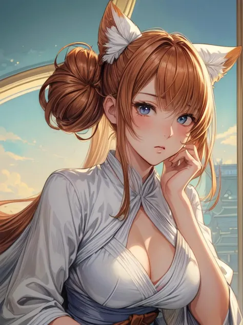 (masterpiece, illustration, best quality:1.33),delicate details,refined rendering,Sharp_focus,vivid_color,(Japan anime style, Toon style, Manga style:1.21),1girl,27-years-old female,slim female,solo,portrait,<lora:add_detail:1>,((([Vertical lighting|Rim lighting|bright|Snoot lighting]))),(Expressionless,hair tucking:1.236),((Caramel Hair,one side up,hair bun,swept bangs)),