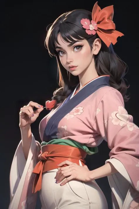 ((masterpiece)),(illustration),best quality,delicate details,refined rendering,Anime style,((Guido Daniele)),comic,((Japan Anime style)),((Menga style)),(((Toon style))),close-up view,1girl,kimono,((solo)),beautiful face,real skin texture,well-proportioned hands,standing,eyeliner,eyelashes,lipstick,eyeshadow,make up,nail polish,parted bangs,layered Hair,bow-shaped hair,Happy Valentine,Looking To The Side,